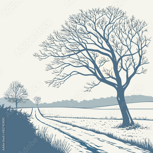 Stylized illustration of a bare tree on a winter path leading through a snowy field with distant trees and hills