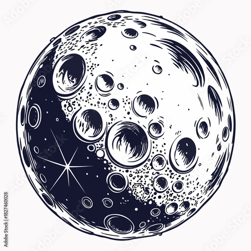 Detailed ink drawing of a stylized moon with craters and a bright starburst against a white background