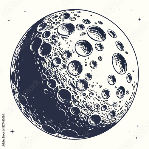 Detailed illustration of a full moon with craters and stars in a dark blue and white color scheme against a light background