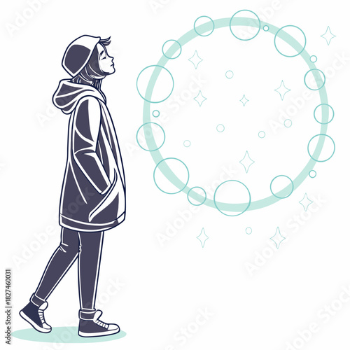 Young person in a hooded jacket and beanie looking up at a whimsical circle of bubbles and stars