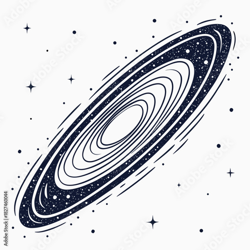Stylized illustration of a dark blue spiral galaxy with concentric rings and scattered stars against a white background