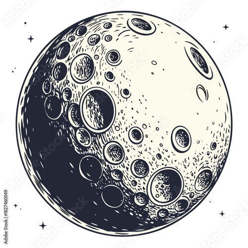 Detailed illustration of the moon with craters and stars in a vintage engraving style