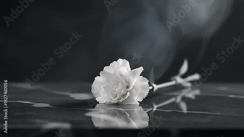 A close-up shot of a delicate, white carnation lying on a smooth, reflective surface, evoking a sense of serenity and loss