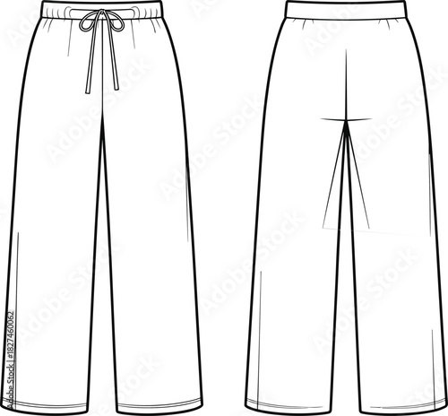 CAD drawing flat vector illustration of sweatpants front and back view, elastic waistband with drawstring, straight leg lounge pants design