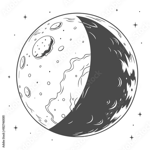 Stylized illustration of a crescent moon with craters and stars in a simple line art style