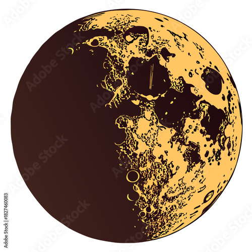 Stylized illustration of the moon with visible craters and a dark shadowed hemisphere against a white background