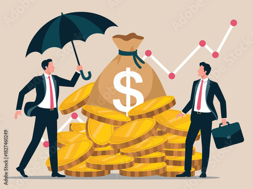 Two businessmen stand beside a large money bag and coins, demonstrating the importance of financial growth and investment strategies in a corporate environment.