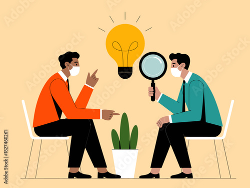 An illustration depicting two professionals engaged in a discussion, with a lightbulb representing ideas, creativity, and collaboration, ideal for business and teamwork themes.