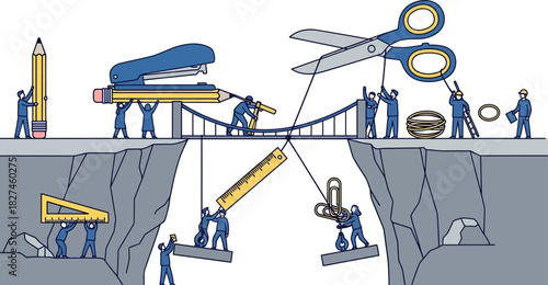 Sketch of a man with a pencil drawing a 3D structure concept for a steel tower on a construction site
