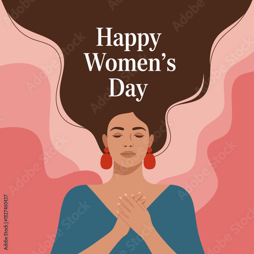This beautiful illustration celebrates Women's Day, showcasing a woman with closed eyes, representing strength, unity, and empowerment, with a vibrant background illustrating warmth and care.