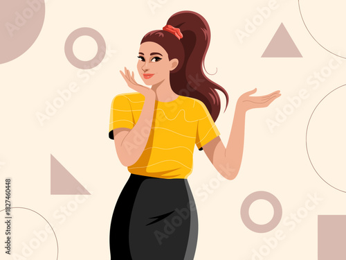 The image portrays a stylish woman in a yellow shirt expressing joy and enthusiasm, set against a soft background with geometric shapes, radiating positivity.