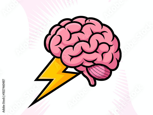 This creative illustration depicts a pink brain intertwined with a striking lightning bolt, symbolizing intelligence, creativity, and the spark of inspiration in thought processes.