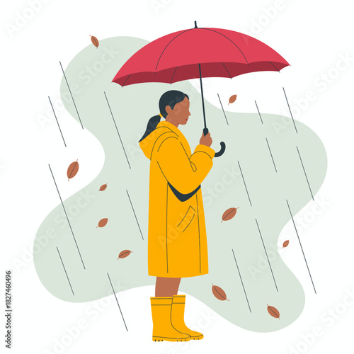 A stylish woman wearing a yellow raincoat and vibrant red umbrella, standing calmly in the rain, evoking feelings of tranquility and resilience amid nature's elements.
