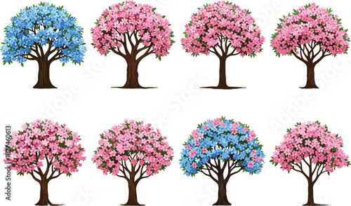 Blossom trees in eight cartoon variants with pink and blue flowers, botanical foliage illustration, seasonal nature concept, white background