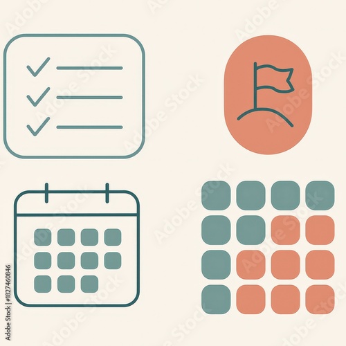 Essential productivity icons illustrated with checkboxes calendar blocks and directional flag creating an abstract composition conveying organization and efficiency