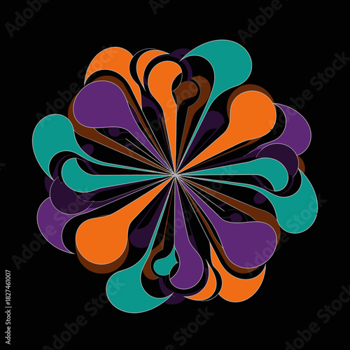 A vibrant abstract floral design with colorful teardrop shapes radiating outwards, creating a dynamic and modern graphic illustration on a dark background.