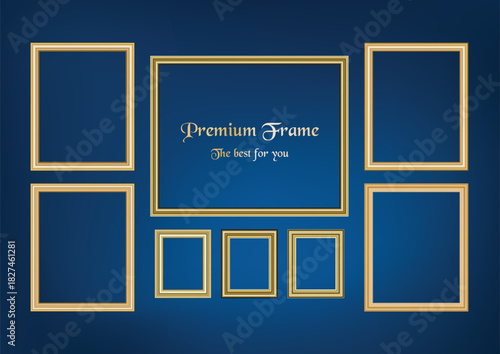 Set of decorative frame picture with gold border, Vector design on blue background with copy space in premium concept.