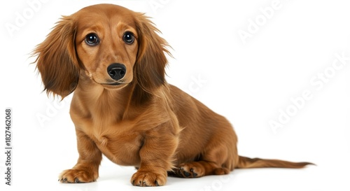 Dachshund Sitting Alertly on White Background