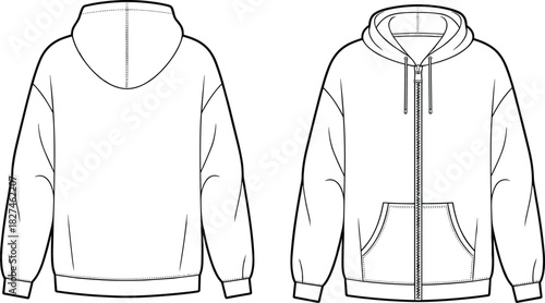 CAD drawing flat vector illustration of zip up hoodie front and back view, split kangaroo pocket, drawstring hood, ribbed cuffs design
