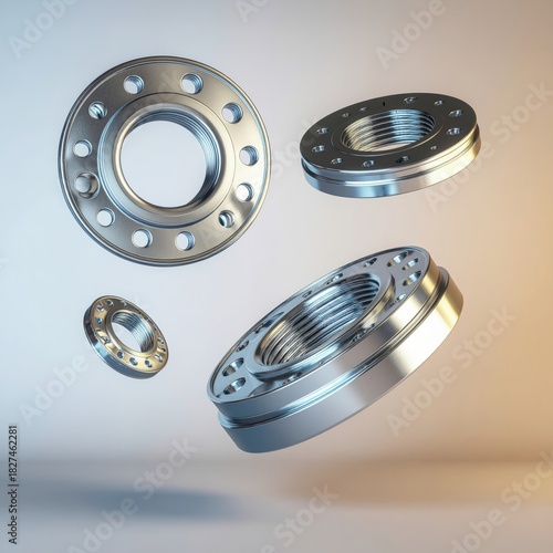 Four metallic threaded flanges with multiple bolt holes floating against a gradient background