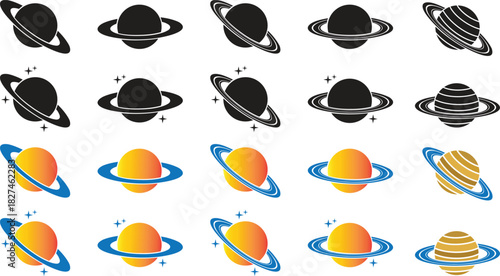 Planet and Saturn icons set, collection and group of space ringed planet symbols, astronomy galaxy elements, flat style, line style gradient vector illustration isolated on transparent background