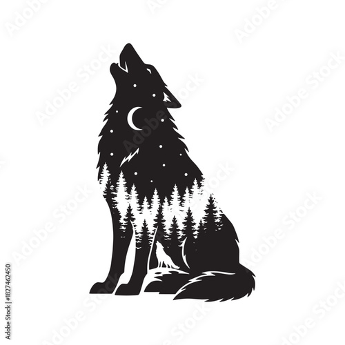 Wolf Silhouette Vector with Double Exposure Night Forest Landscape, Moon, and Stars
