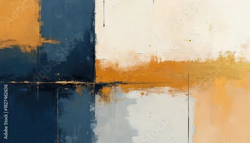 Panel kuchenny z motywem Abstract textured painting with bold blocks of navy blue, ochre, white. Textured brushstrokes create depth, movement across canvas, with subtle gold accents adding touch of luxury. Modern artwork