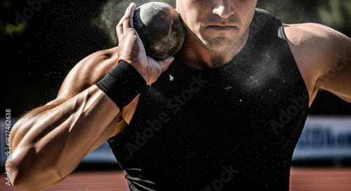 Athlete pushing shot put, faceless, chalk dust in air, close-up.