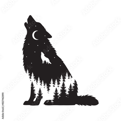 Wolf Silhouette Vector with Double Exposure Night Forest Landscape, Moon, and Stars
