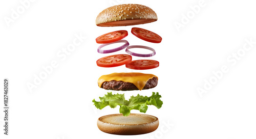 Delicious exploded burger with fresh ingredients isolated on transparent background