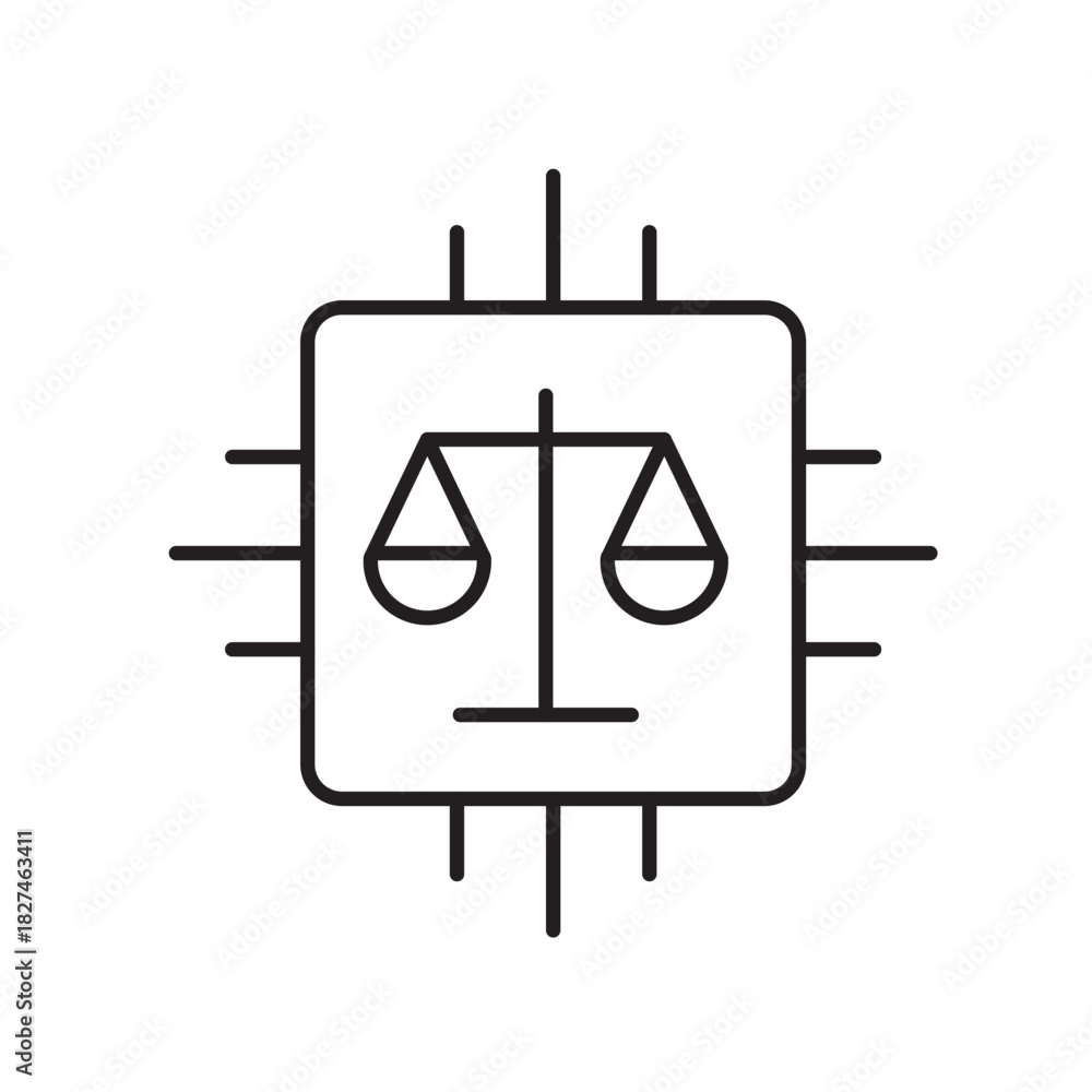 Fototapeta premium A vector icon representing a fair algorithm with balance scales inside a chip, created in line style with editable stroke