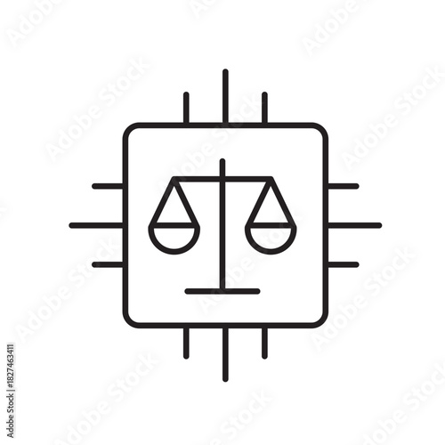 A vector icon representing a fair algorithm with balance scales inside a chip, created in line style with editable stroke