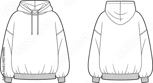 CAD drawing flat vector illustration of hoodie front and back view, dropped shoulders, drawstring hood, ribbed cuffs, casual fashion design