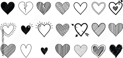 Collection of Hand Drawn Heart Icons and Symbols in Black and White love drawing