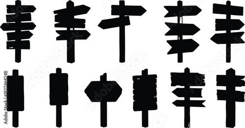 Silhouette Collection of Wooden Signpost and Directional Arrow Signs vector illustration