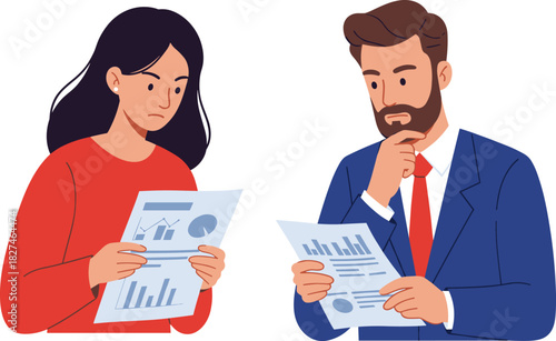 Businessman and businesswoman analyzing financial reports, concerned expressions, discussing charts and data, corporate meeting, teamwork, problem solving, business strategy, office collaboration.
