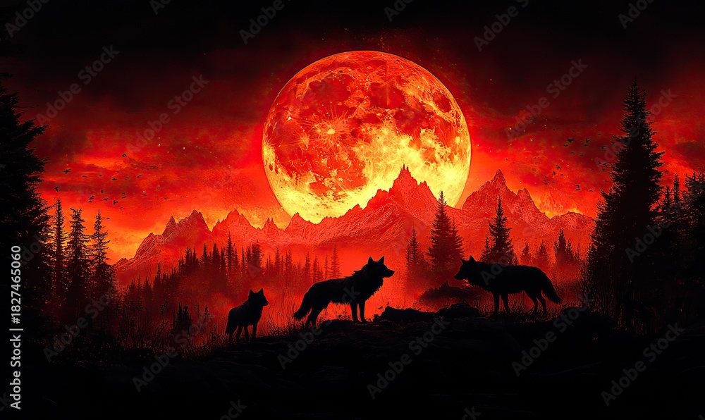 Naklejka premium Blood moon rising over a dark forest with three wolf silhouettes in the foreground.