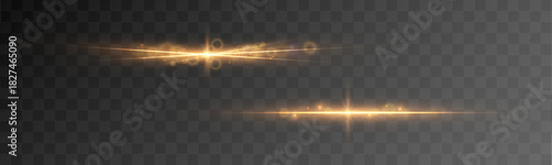 A bright gold laser strip shines with polished glimmer and clear illuminated edges. Smooth motion emphasizes speed and luxury. Great for highlights, dividers, and glowing accents. Vector.