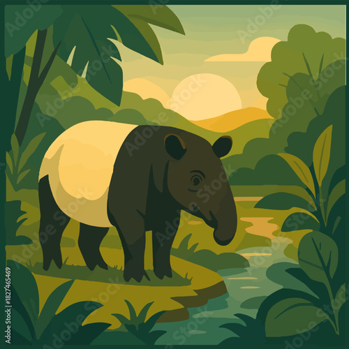 Malayan Tapir Exploring Rainforest Wetland Wildlife Illustration