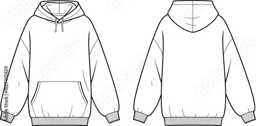 CAD drawing flat vector illustration of hoodie front and back view, kangaroo pocket, drawstring hood, ribbed cuffs, casual fashion design