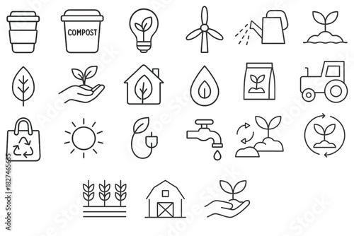 Eco Friendly and Sustainable Agriculture Line Icon Set for Environmental Projects
