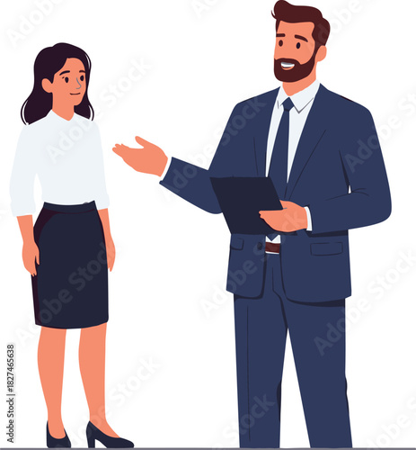 Businessman and businesswoman discussing professional work, office communication, teamwork, corporate presentation, leadership, business strategy, collaboration
