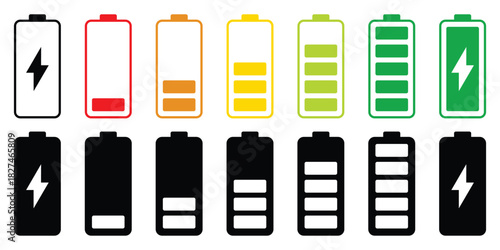 Battery level indicators icon set. Battery charge level indicators showing full to empty states. Power and Charging Status Symbols. Line and solid icon set. Vector illustration.