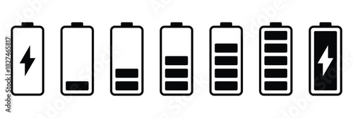 Battery level indicators line icon set. Power and Charging Status Symbols. Battery charge level indicators showing full to empty states. Vector illustration.