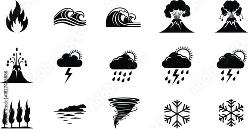 Set of natural disaster icons in black and white