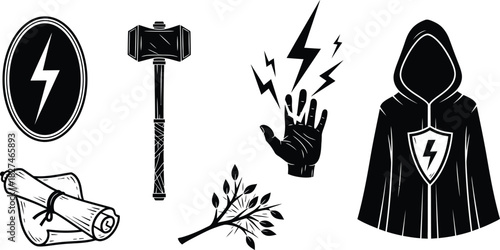 Fantasy wizard items black and white illustration set
