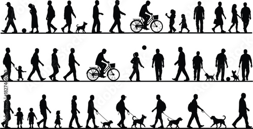 Silhouettes of people walking cycling and with dogs