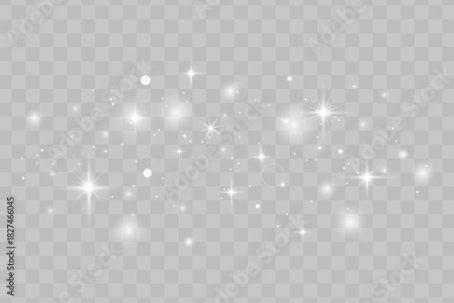 White glowing light effect with sparkles, glitter particles and shiny stars for Christmas and New Year designs. Magical silver light sparkles, bokeh and glittering dust