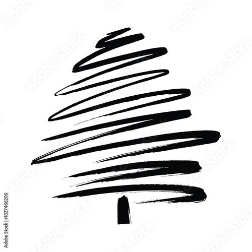 Grunge Brush stroke Christmas tree mark. Ink xmas tree vector sketch. Marker hand draw Christmas tree icon. Ink brush calligraphy spruce tree. Christmas tree black silhouette. 
