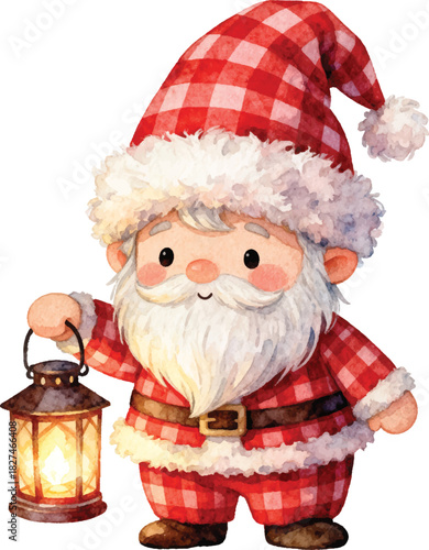 Watercolor Adorable Gnome Santa Claus with Lantern Christmas Illustration